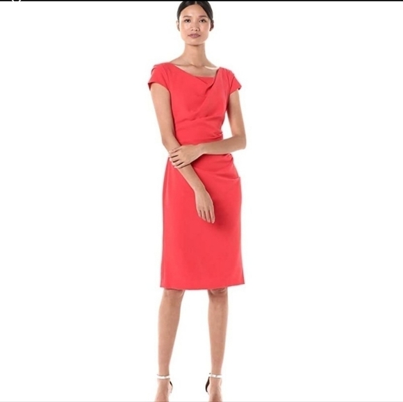 ADRIANNA Papell Asymmetrical Brick Red Crinkled Midi Sheath Dress Size: 10 - Picture 11 of 13
